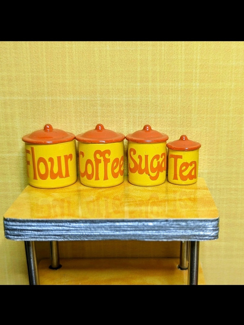 70s Yellow and Orange Kitchen Canisters 1:12 Doll House Miniatures